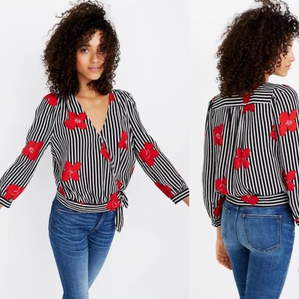 Madewell women striped‎ wrap top candied orchids floral romantic valentine